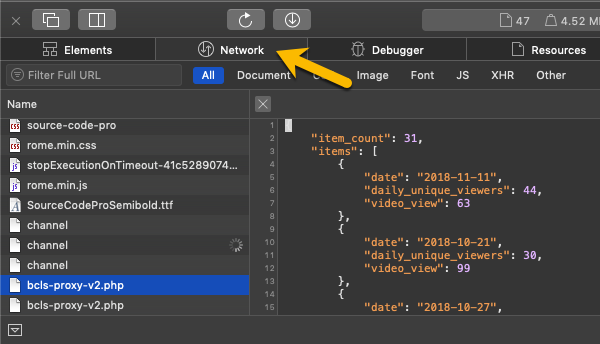 Section du réseau des outils de développement