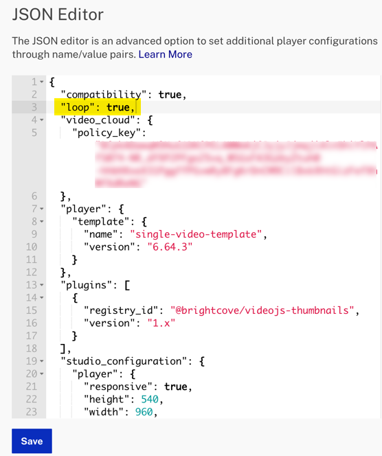 JSON Editor pas de marque Brightcove Player