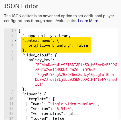 JSON Editor pas de marque Brightcove Player