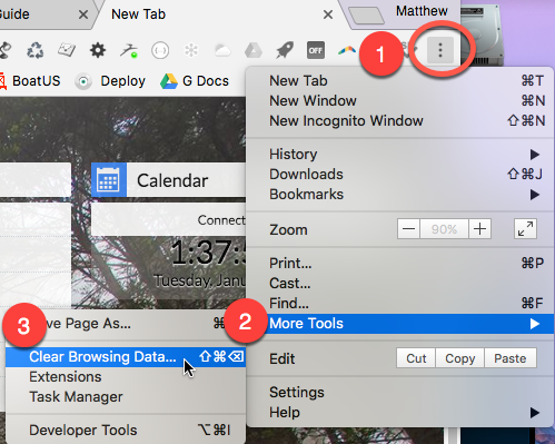 Menu pour effacer les données de navigation