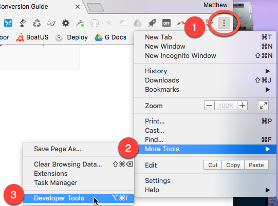 Menu pour les outils de développement