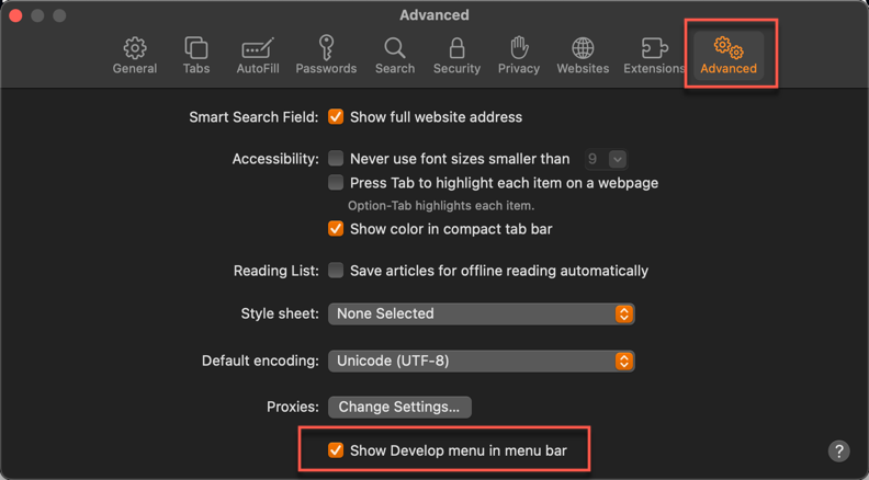 Menu Safari Développer